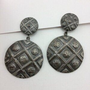 Large Round Textured Metal Circles Hanging Disc Clip On Earrings Geometric